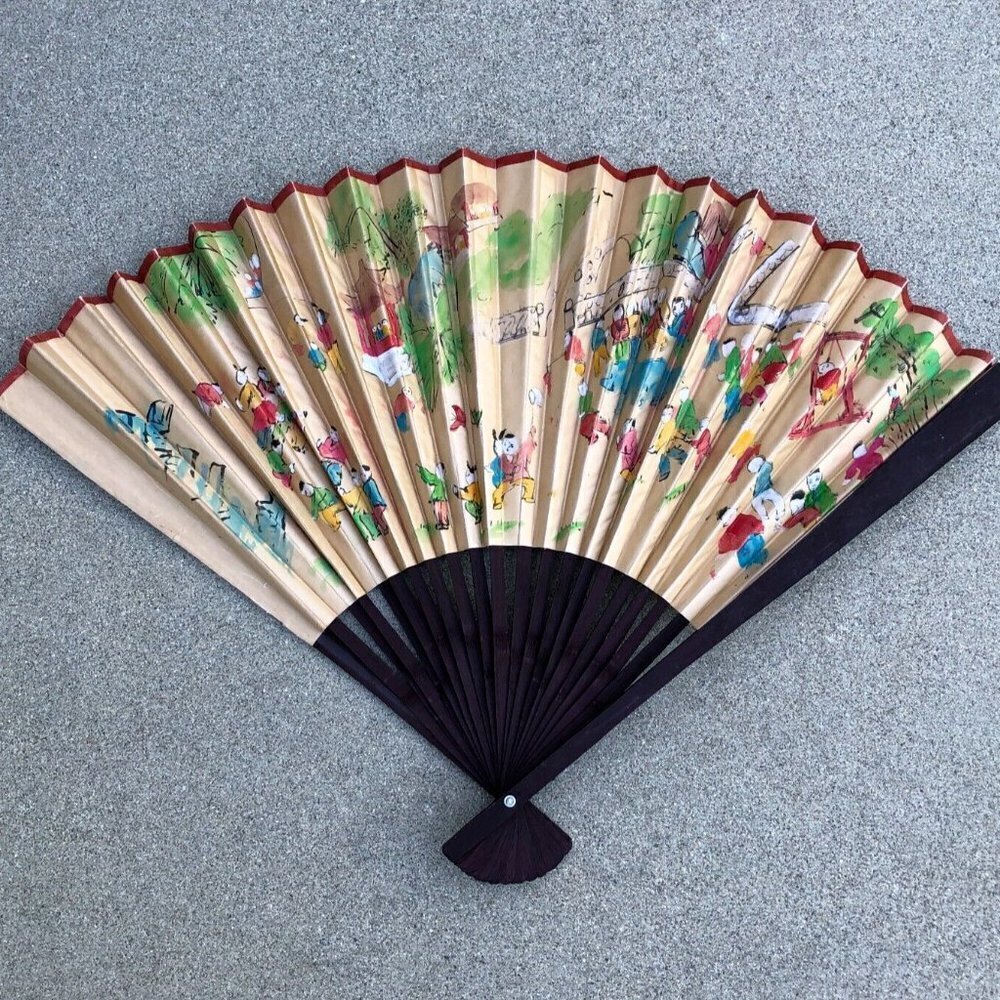 VTG Oriental Asian Chinese Japanese Fan Hanging Wall Display Paper Wood 37"x24" 